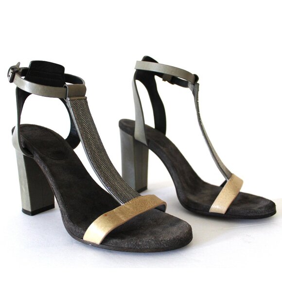 Brunello Cucinelli Monili T-Strap Leather Sandal Block Heel / Size 37 / Grey - Picture 2 of 11